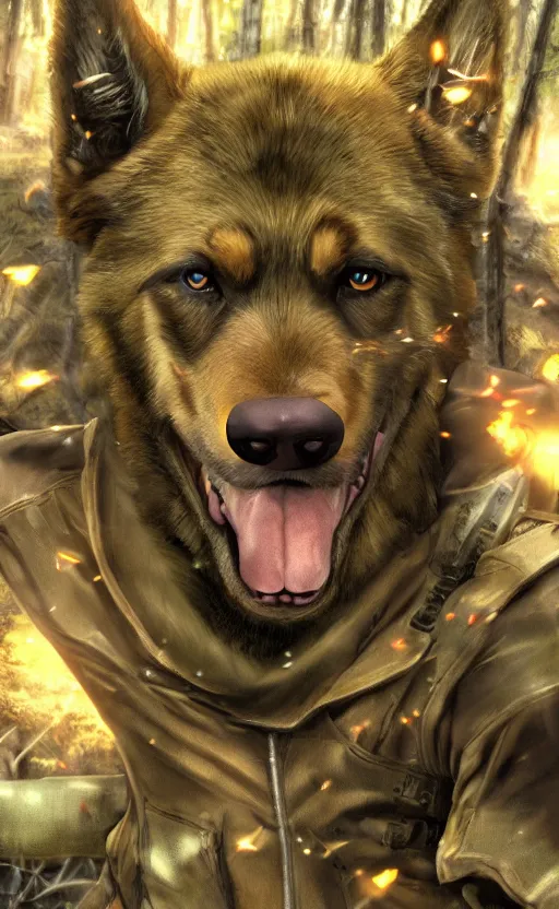 Image similar to close up character portrait icon of the german shepard beast - man military uniform head animal person wearing clothes standing in the bright forest, hidari, color page, tankoban, 4 k, tone mapping, akihiko yoshida