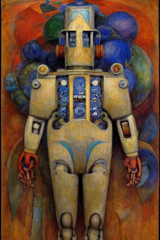 Prompt: the robot in his regalia, by Annie Swynnerton and Diego Rivera and Elihu Vedder, symbolist, dramatic lighting, elaborate geometric ornament, Art Brut, soft cool colors,smooth, sharp focus, extremely detailed, Adolf Wölfli