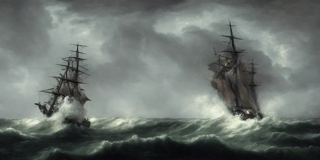 Prompt: a man-o'-war warship sailing through a heavy storm at night, art, high definition, high detail, 8k,