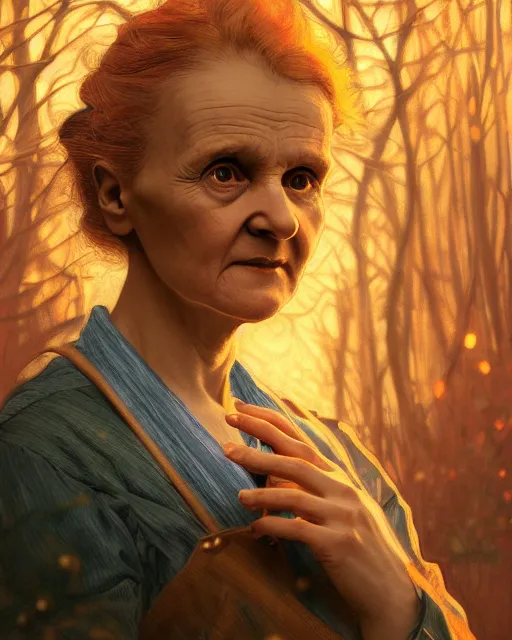 Prompt: marie curie on icerberg, evening, burning skies, 4 k, ultra realistic, beautiful eyes, epic lighting, starry sky, magical, glowing forest, mushrooms, machines, high detail, masterpiece, trending on artstation by artgerm and akihito tsukushi and alphonse mucha