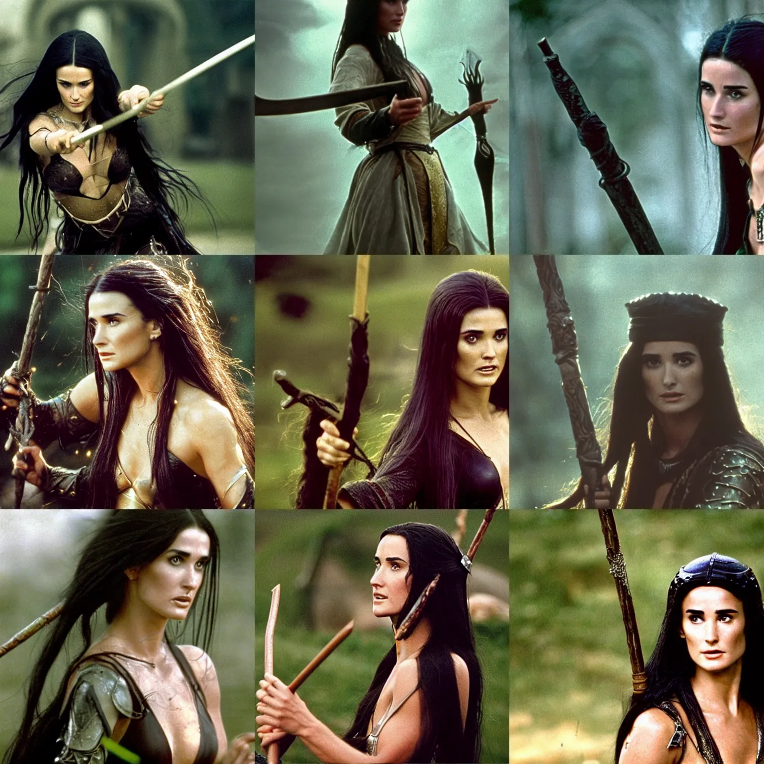 Prompt: epic photo of young demi moore as beautiful medieval sorceress with very long black hair, battle scene, holding her wizard staff, sweaty, detailed eyes, neutral expression, shallow depth of field, photorealistic, cinematic lighting, lovely bokeh, warm colours, dusk, movie quality, green glow from the left, excalibur 1 9 8 5, movie still, cinemascope