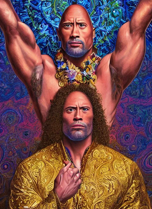 Image similar to beautiful oil painting, portrait of Dwayne the rock Johnson as Louis xiv in coronation robes 1701, Dan Mumford, Dan Mumford, Dan Mumford, Alex grey, Alex grey, lsd visuals, dmt fractal patterns, entheogen, psychedelic, hallucinogen, highly detailed, ornate, vaporwave