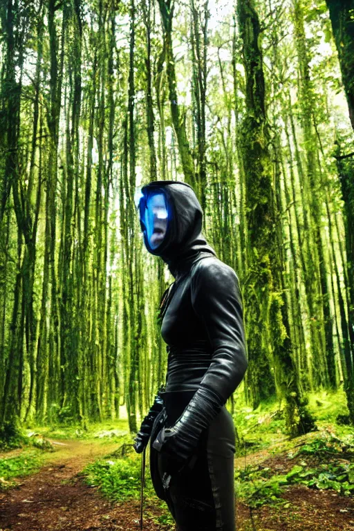 Image similar to Cyberpunk fencer leaning towards the right with a lush forest as backdrop