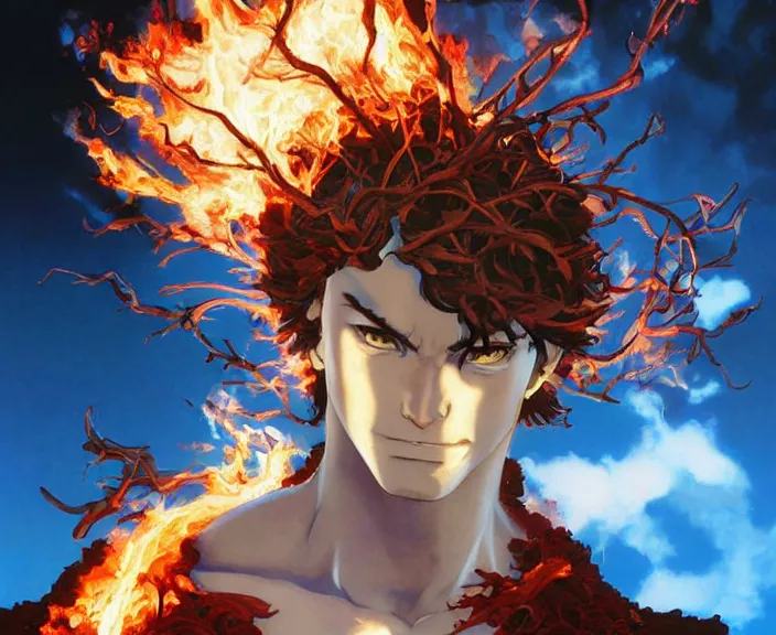 Prompt: a god appears in a burning bush, by shigenori soejima, by frank frazetta, by thomas kinkade, by ilya kuvshinov, digital painting masterpiece, beautiful brush strokes, advanced lighting technology, symmetry!!!, accurate and realistic faces and anatomy