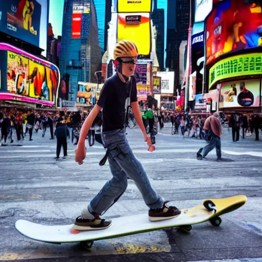 Image similar to a cool lemon riding a skateboard in times square new york