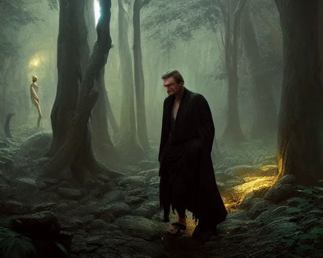 Image similar to photo of liam neeson as a djinn, in a forest. magical atmosphere. art by greg rutkowski. highly detailed 8 k. intricate. lifelike. soft light. nikon d 8 5 0.