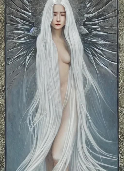 Image similar to tall thin beautiful goddess, pale wan feminine angel, long flowing silver hair covering her whole body, beautiful painting, young wan angel, flowing silver hair, flowing white robes