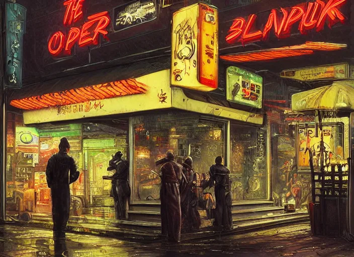 Image similar to the only open cyberpunk blade runner fast food stand in the cyberpunk city during a melancholy rainy night by salvadore dali