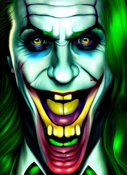 Image similar to portrait of jared leto as the joker, green hair, intricate, elegant, glowing lights, highly detailed, digital painting, artstation, concept art, sharp focus, illustration, art by wlop, mars ravelo and greg rutkowski