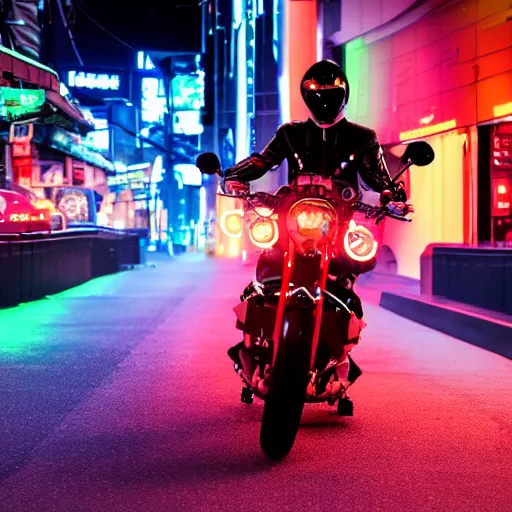 Prompt: cyber motorcycle through a futuristic tokyo neon lights