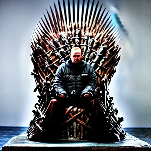 Image similar to “Intricate 4K photo of Walter White sitting on the Iron Throne from Game of Thrones, award-winning crisp details”