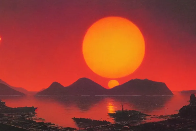 Prompt: awe inspiring bruce pennington landscape, digital art painting of 1 9 6 0 s, japan at night, red sunset, 4 k, 8 k, detailed