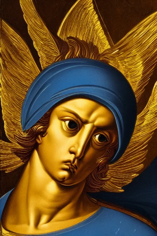 Image similar to archangel Michael, angry face, closeup, ultra detailed, made in gold, Guido Reni style