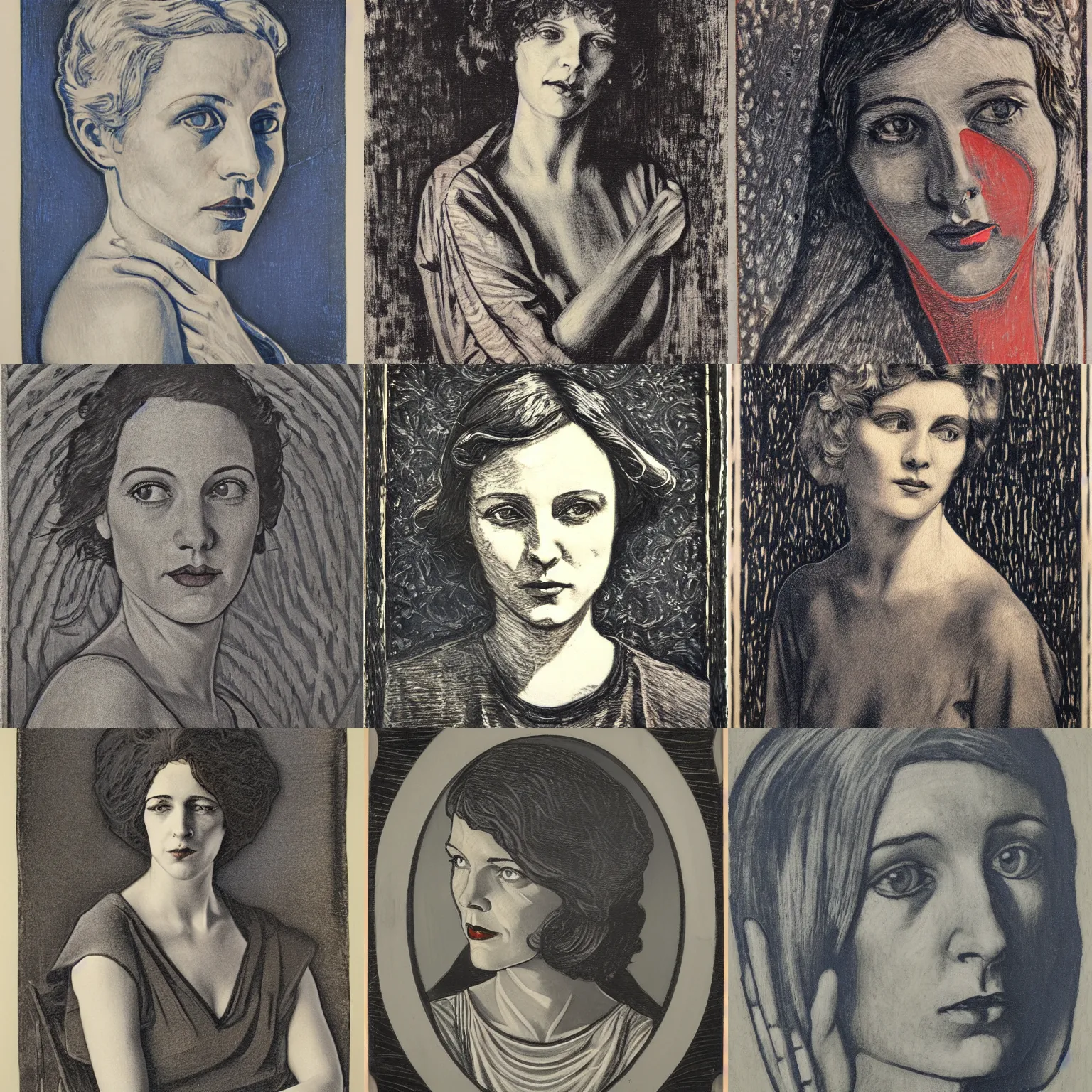 Prompt: portrait, american realist, woodcut, art nouveau ( 1 9 2 2 ), pyrrol scarlet, titanium white, prussian blue, stathmore 2 0 0, 3 5 mm, f 1. 4, grisaille, luminous