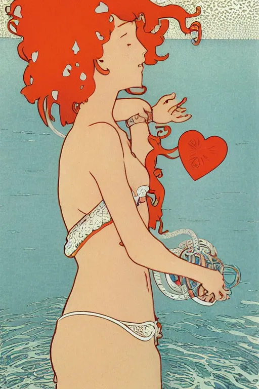 Prompt: A girl in a white lacy bikini and white sun hat and Holding a heart-shaped lifebuoy, jumping for joy,long orange hair floating on air ,Smooth visual lines,graphic Design by mucha and Waves and splashes,beach by studio ghibli