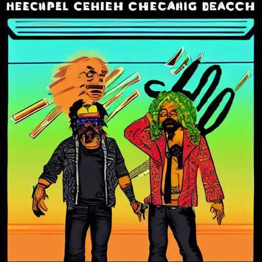 Image similar to cyberpunk cheech and chong, up in smoke,