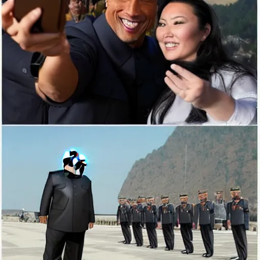 Image similar to dwayne johnson and kim jong - un, selfie, phone photo,