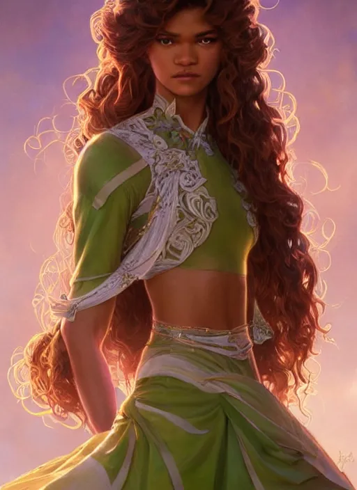 Prompt: beautiful young zendaya as tiana princess, closeup, d & d, fantasy, intricate, elegant, highly detailed, digital painting, artstation, concept art, matte, sharp focus, illustration, art by artgerm and greg rutkowski and alphonse mucha