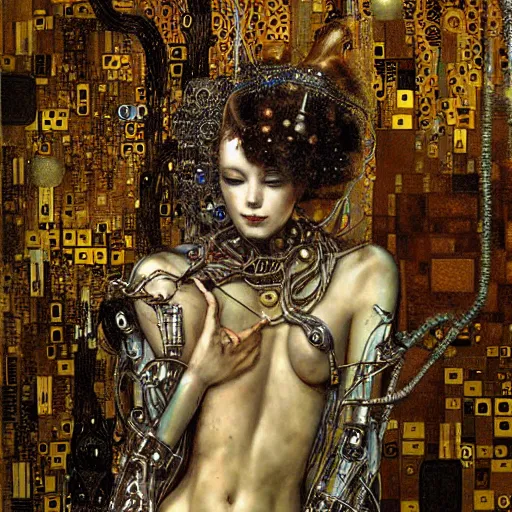 Prompt: depraved cybernetic deities trapped in circuitry, intricate detail, klimt, royo, whealan,