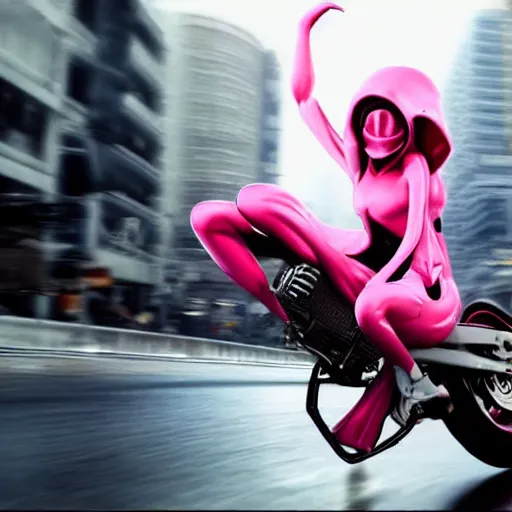 Image similar to hyper realistic, photo, humanoid pink female Squid girl, popping motorcycle wheelie on fast in the rainy city traffic