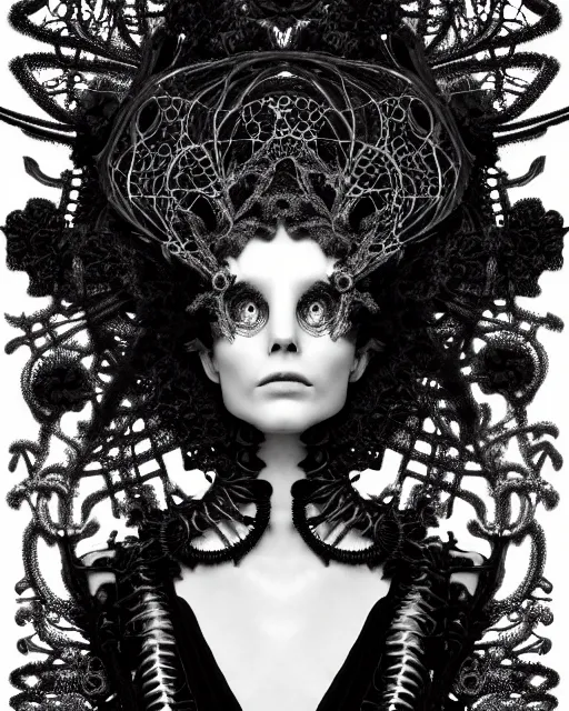 Image similar to surreal dark poetic black and white photo portrait of complex bio-mechanical beautiful young silver female vegetal-cyborg with a Mandelbrot fractal steampunk metal fine lace face, a very long neck and a fine metal floral foliage super big lace collar by Vivienne Westwood:: smoke, high fashion, haute couture, rococo, steampunk, avant-garde, silver filigree details, anatomical, facial muscles, cable wires, microchip, elegant, dreamy, foggy atmosphere, hyper realistic, 150 mm lens, soft rim light, octane render, unreal engine, picture was taken in 1910 by Man Ray, volumetric lighting, dramatic light,8k,