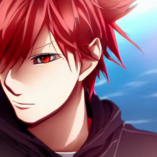 Image similar to anime art, anime key visual of handsome young male, spiky red hair and large silver eyes, directed gaze, high quality artwork, portrait, drawn by tsunako.