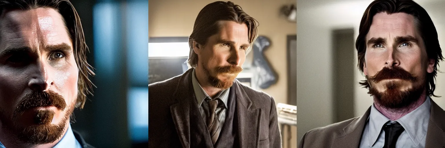 Prompt: close-up of Christian Bale as a detective in a movie directed by Christopher Nolan, movie still frame, promotional image, imax 70 mm footage
