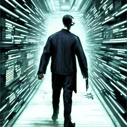 Image similar to a man walking into the matrix, concept art, illustration, highly detailed, artwork