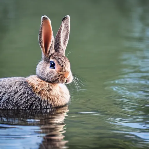 Image similar to high detailed photo of a rabbit relaxing at a nearby lake with a duck floating by.