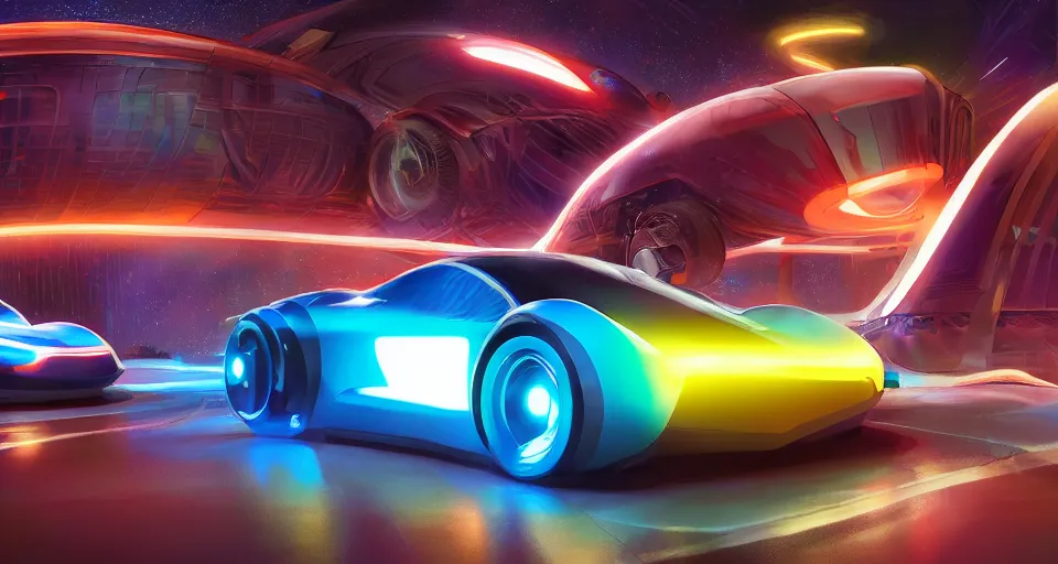 Image similar to dream tron tesla light cycle race, hot wheels, wipe out, hyper realistic, concept art, smooth, high contrast, volumetric lighting, octane, raytrace, syd mead, artgerm, jim lee,