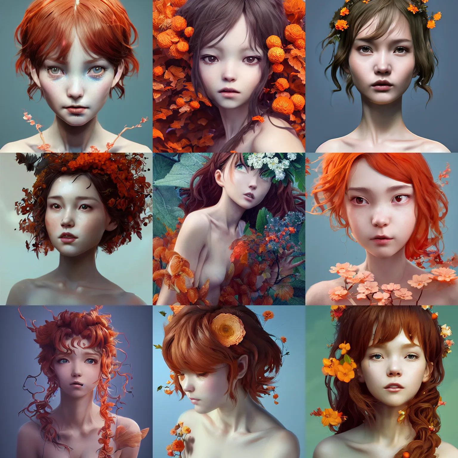 Prompt: realistic style at CGSociety by WLOP, ilya kuvshinov, krenz cushart, Greg Rutkowski, trending on artstation. Zbrush sculpt colored, Octane render in Maya, Houdini VFX. whimsical forenst nymph, flowers and leaves, expressing aloofness, long curly orange hair, absent eyes. Oil painting. Cinematic playful atmosphere, sharp focus, soft volumetric studio lighting.