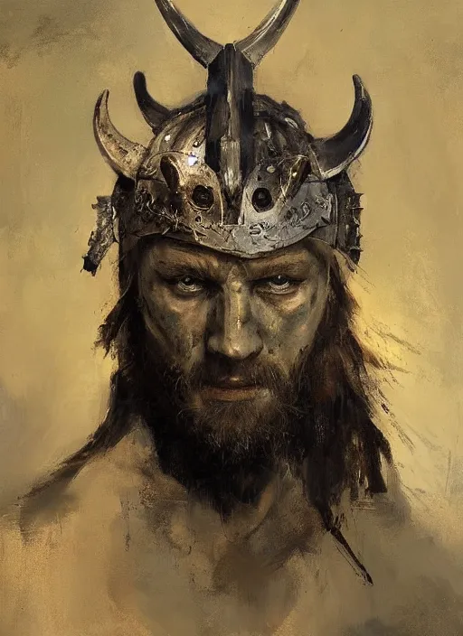 Prompt: portrait painting of viking berserker with a dinosaur skull headdress, by jeremy mann, only one head single portrait
