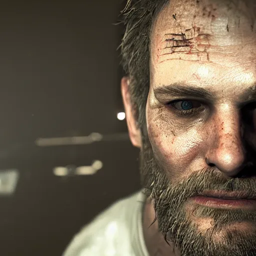 Image similar to jack baker from resident evil 7, cinematic lighting, eerie atmosphere, re engine render, photorealistic face