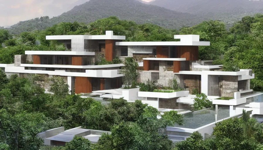 Image similar to residential villa inspired by tibetan architecture, on city, overlooking a valley with trees, frank lloyd wright, zaha hadid, le corbeusier, photorealistic, birds eye view