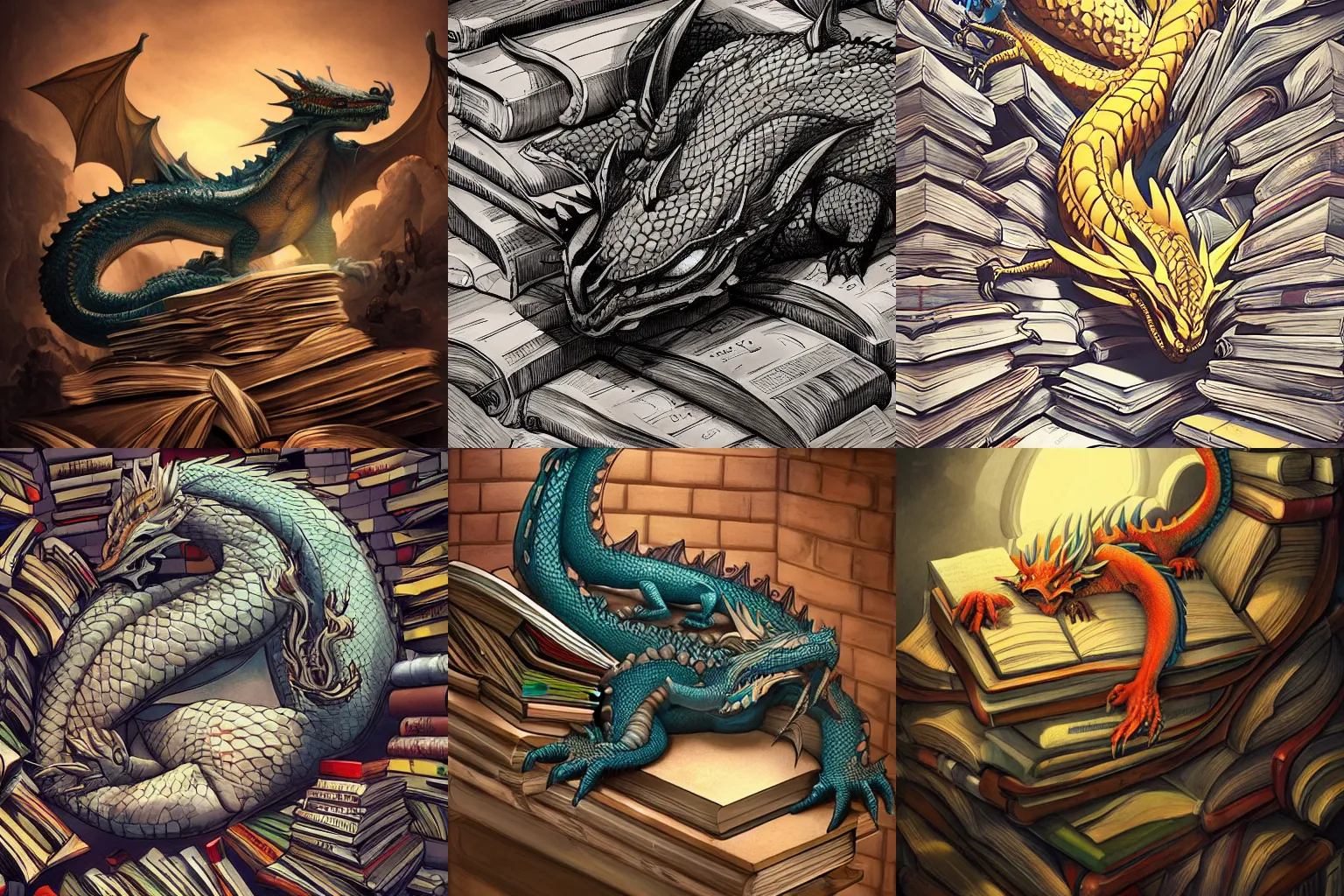 Image similar to A huge dragon sleeping on a hoard of books, by Randy Vargas. High angle. low light. Trending on Artstation. HQ