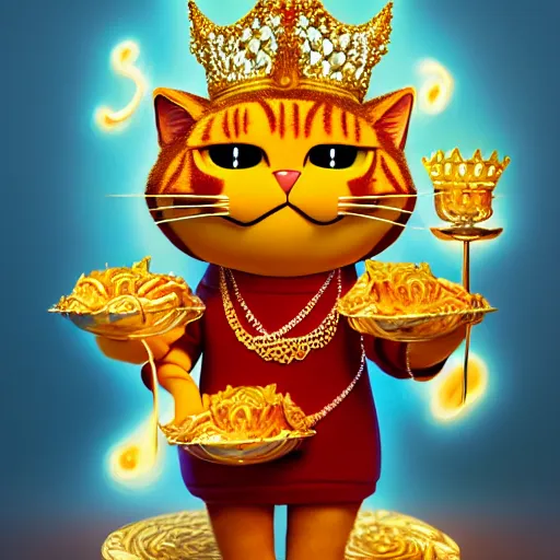 Image similar to fullbody!! personification of garfield the cat as a goddess holding lasagna wearing a crown of gleaming gems, stunning, hyperrealistic, trending on artstation, smooth and sharp, intricate, fine details, elegant, religious, dynamic pose, detailed and intricate environment, professional character concept art by tatyana kupriyanova and greg rutkowski and raymond swanland