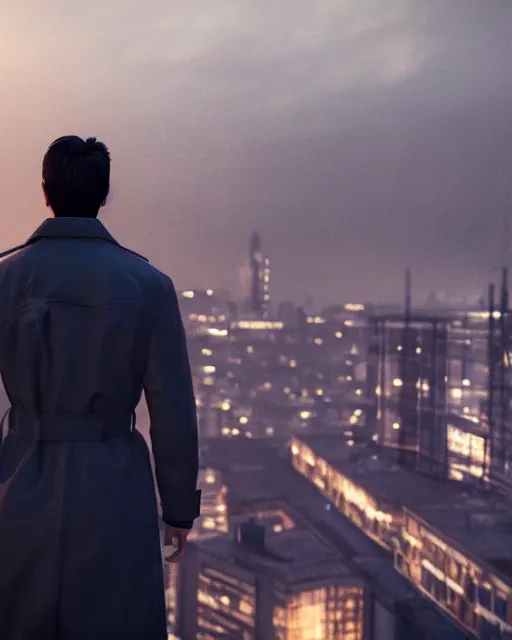 Image similar to a night rooftop scene, close up shot of a photorealistic gangster wearing a trench coat looking at the city below, unreal engine, hyper realism, realistic shading, cinematic composition, extremely detailed