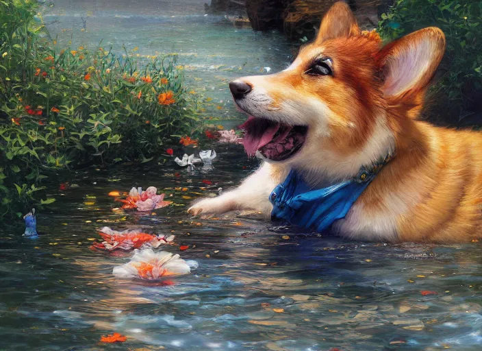 Prompt: beautiful anime painting of relaxing summer corgi , by Tim Okamura, Victor Nizovtsev, Greg Rutkowski, Noah Bradley. trending on Artstation, 8k, masterpiece, graffiti paint, fine detail, full of color, intricate detail, golden ratio illustration