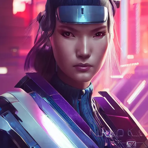 Image similar to a stunning portrait of samurai netrunner woman cyborg by Evelyn De Morgan and Ross Tran, cyberpunk 2077 rossdraws, fresco, hard surface, concept art