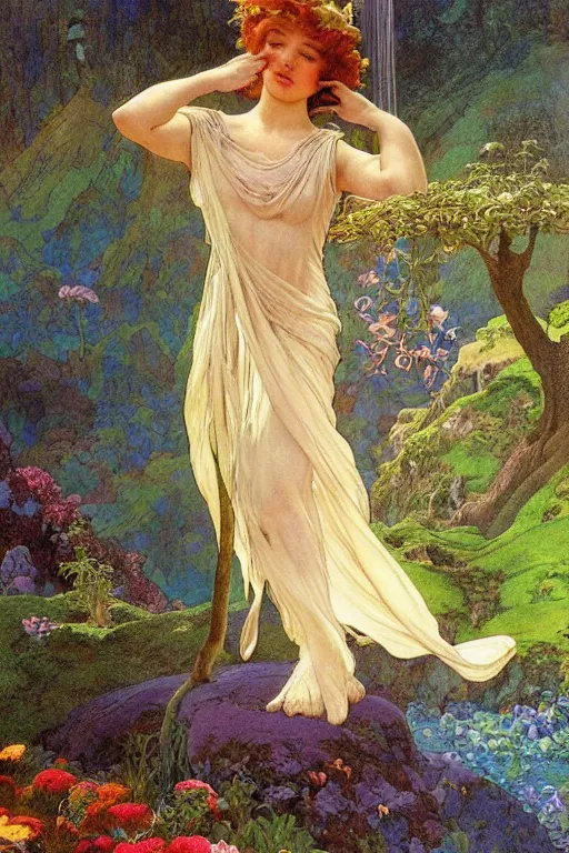 Image similar to a beautiful fairy wearing a silk gown, in a lord of the rings scenery landscape, rainbowshift, by maxfield parrish, alphonse mucha, brian froud, artgerm