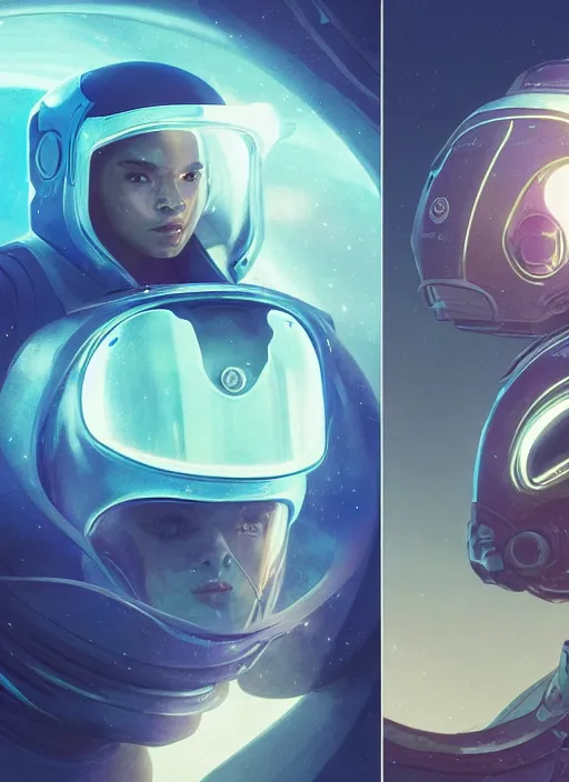 Image similar to Zoe Kravitz with short hair as a futuristic astronaut, helmet with led lights, underwater in the ocean at night, clear water, volumetric lighting, glowing lights, 4k, octane, digital painting, artstation, concept art, sharp focus, illustration, art by artgerm and greg rutkowski and alphonse mucha , wide angle view,