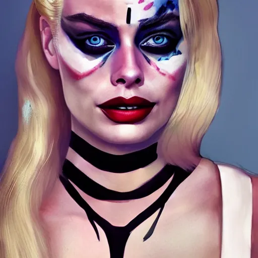 Image similar to beautiful margot robbie with harley quinn makeup, highly detailed, realistic face, amazing digital art