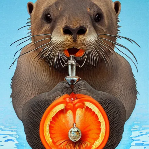 Prompt: a picture of a sea otter with an orange bell pepper on its head, full portrait, decorated with oceanic motifs, intricate, elegant, highly detailed, symmetry, headpiece, digital painting, artstation concept art smooth sharp focus, illustration, art by artgerm and greg rutkowski alphonse mucha 8 k