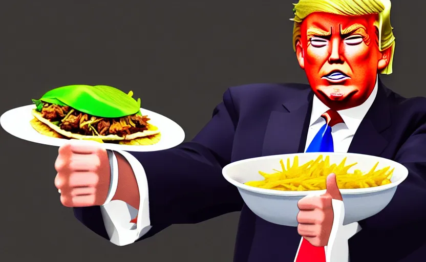 Image similar to beautiful makoto shinkai style digital film still portrait of donald trump giving a thumbs up behind a taco bowl, 4 k, 8 k, hd, high resolution, highly detailed, intricate detail, ultra realistic faces, digital art, trending on artstation, your name, weathering with you