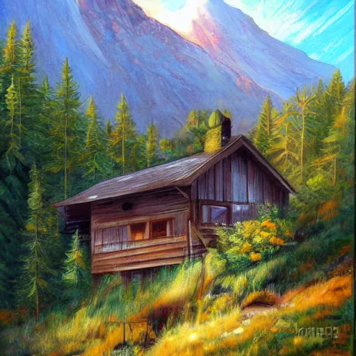 Image similar to mountain home, detailed painting, epic, atmospheric