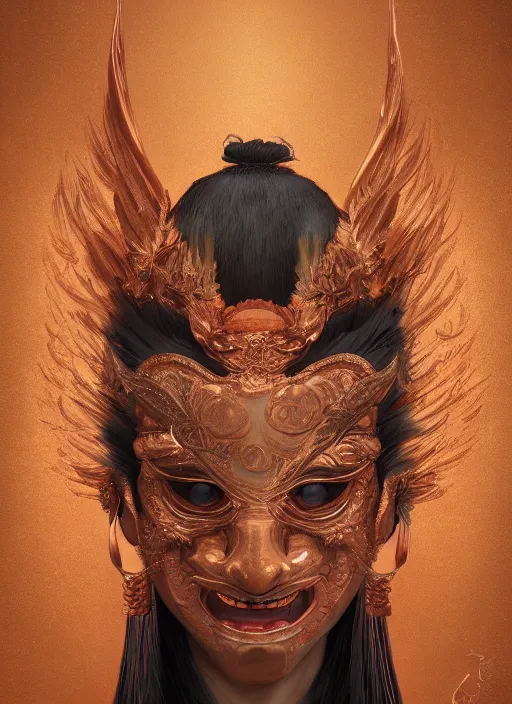 Prompt: a beautiful detailed oil on copper art illustration of a japanese tengu mask woman, centered, by charlie bowater, zeng fanzh, trending on artstation, dim dusk lighting, cinematic lighting, detailed lighting, volumetric lighting, realistic, f 8, 4 k hd wallpaper