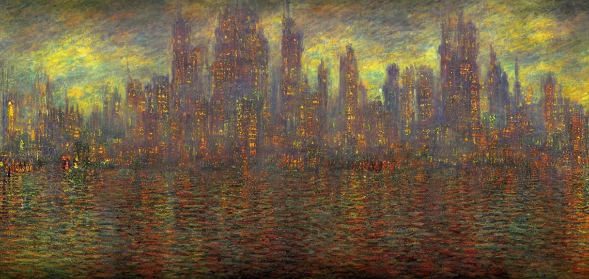 Prompt: a steampunk city in the style of claude monet, digital art.