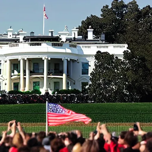 Prompt: photo of red flag waving over White House
