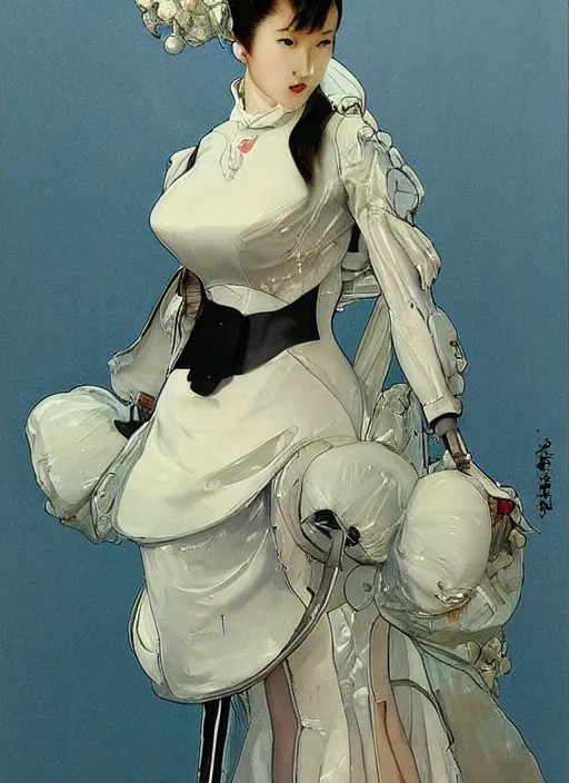 Image similar to a low angle copic maker art nouveau portrait of a japanese futuristic girl detailed features wearing a latex wedding dress with a puffy skirt designed by balenciaga by john berkey, norman rockwell akihiko yoshida