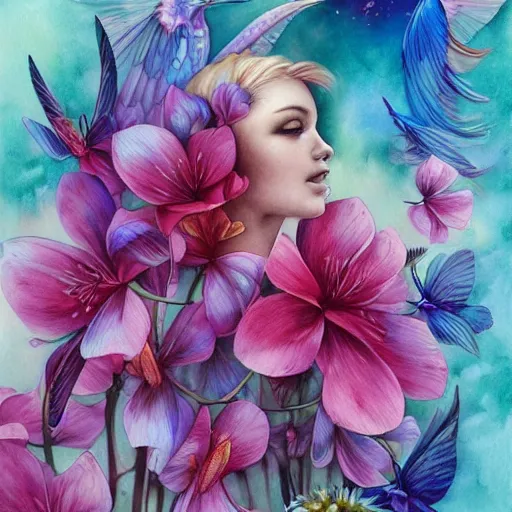 Prompt: watercolor flower humming birds and butterflys by anna dittmann